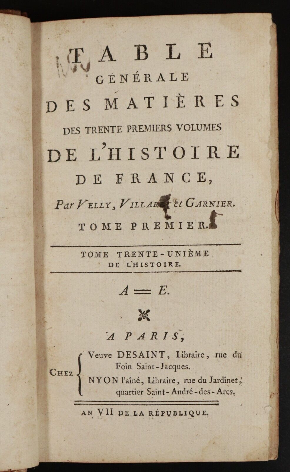 c1785 Table Générale des Matières de l'Histoire de France Antiquarian Book