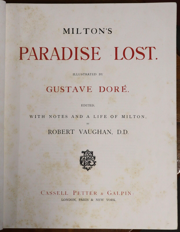 c1880 Milton's Paradise Lost: Gustave Dore Antiquarian Book Illustrated Cloth