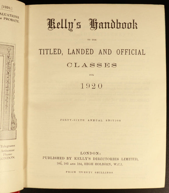 1920 Kellys Handbook Titled Landed Official Classes Antique British History Book
