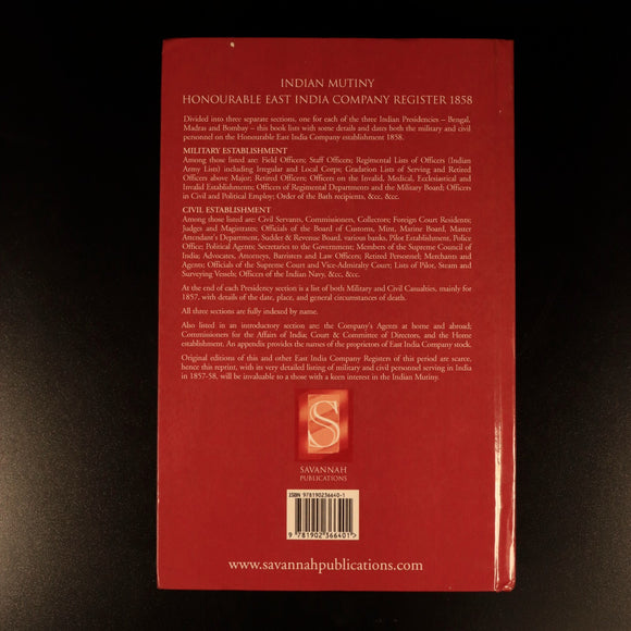 Indian Mutiny East India Company Register 1858 Military History Book Savannah