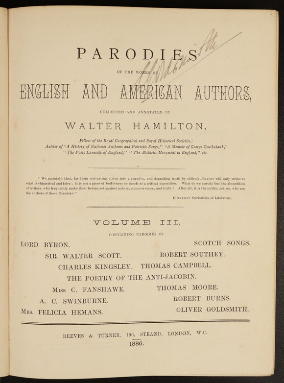 1884 4vol Parodies Of English & American Authors Antiquarian Literature Books