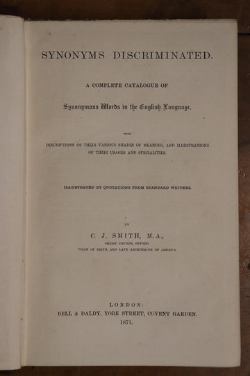 1871 Synonyms Discriminated by CJ Smith 1st Ed Antique English Language Book - 0