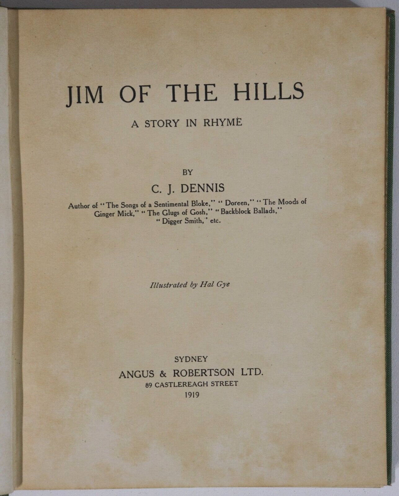 1919 Jim Of The Hills by CJ Dennis Antique Australian Fiction Book Mackaness