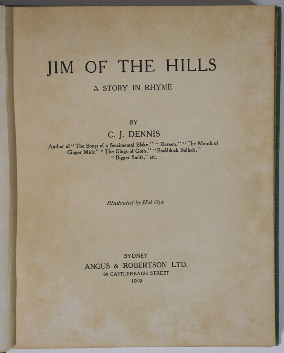 1919 Jim Of The Hills by CJ Dennis Antique Australian Fiction Book Mackaness