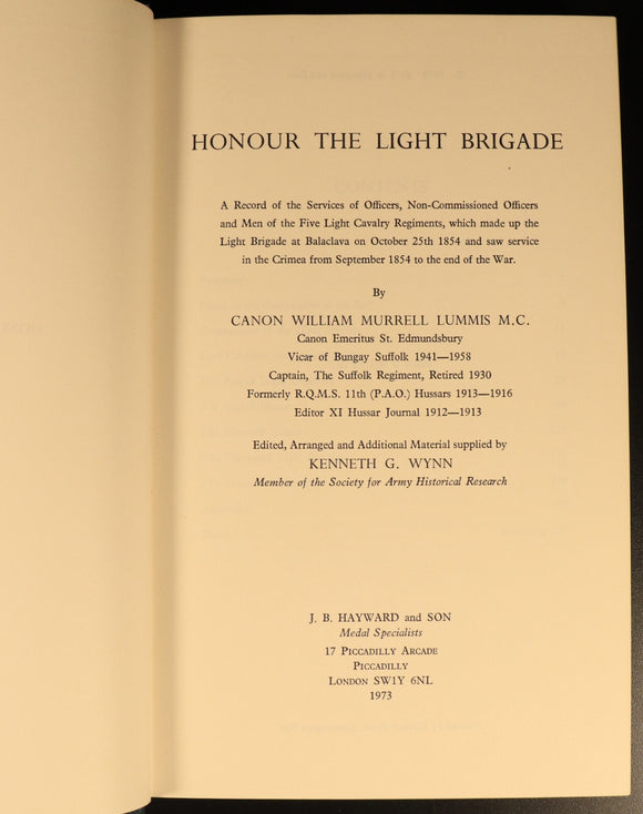 Honour The Light Brigade WM Lummis 1973 Military History Book Crimean War 1st