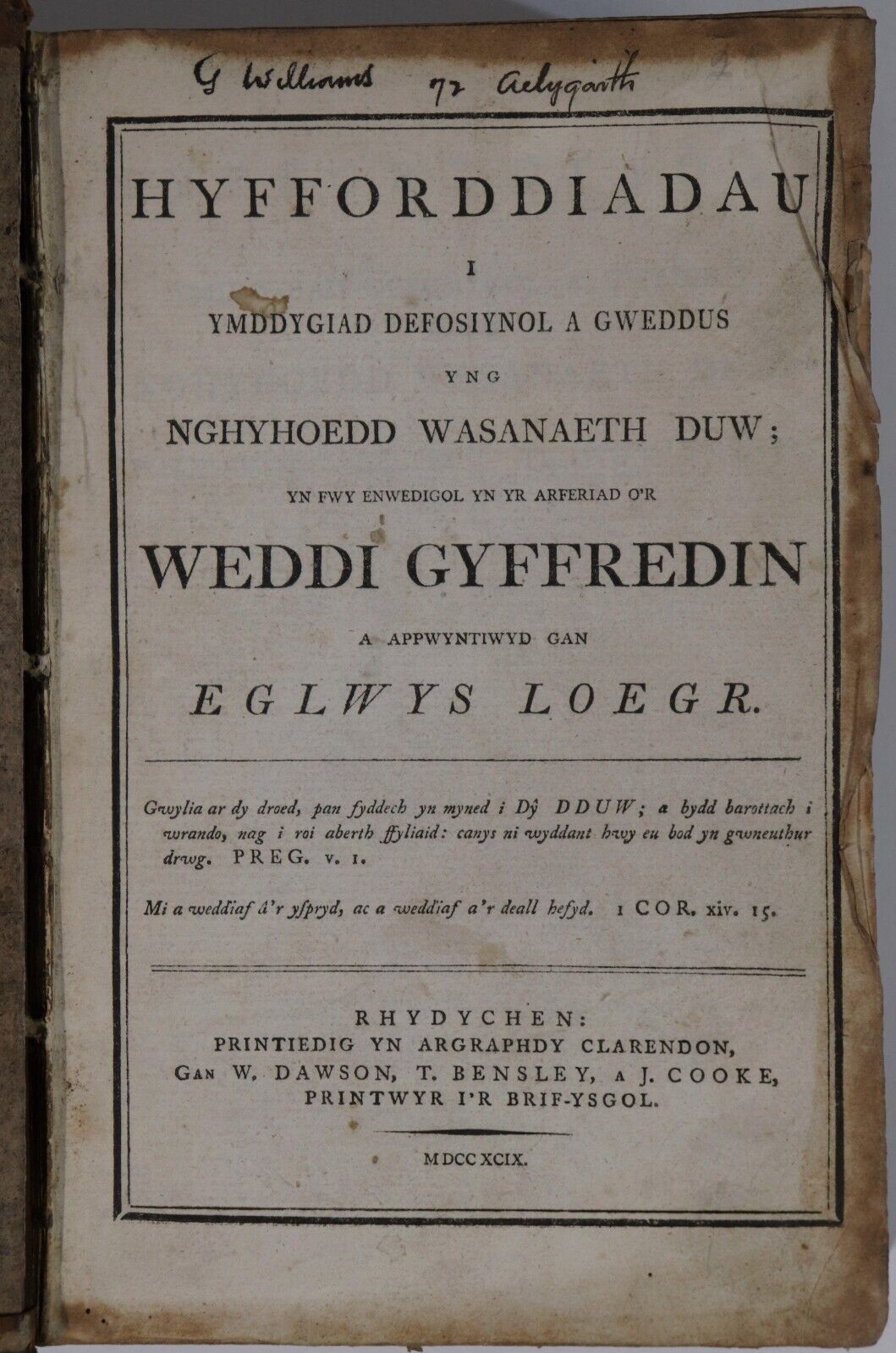 1799 Hyfforddiadaa Antiquarian Welsh Theology Book Church Of England Wales