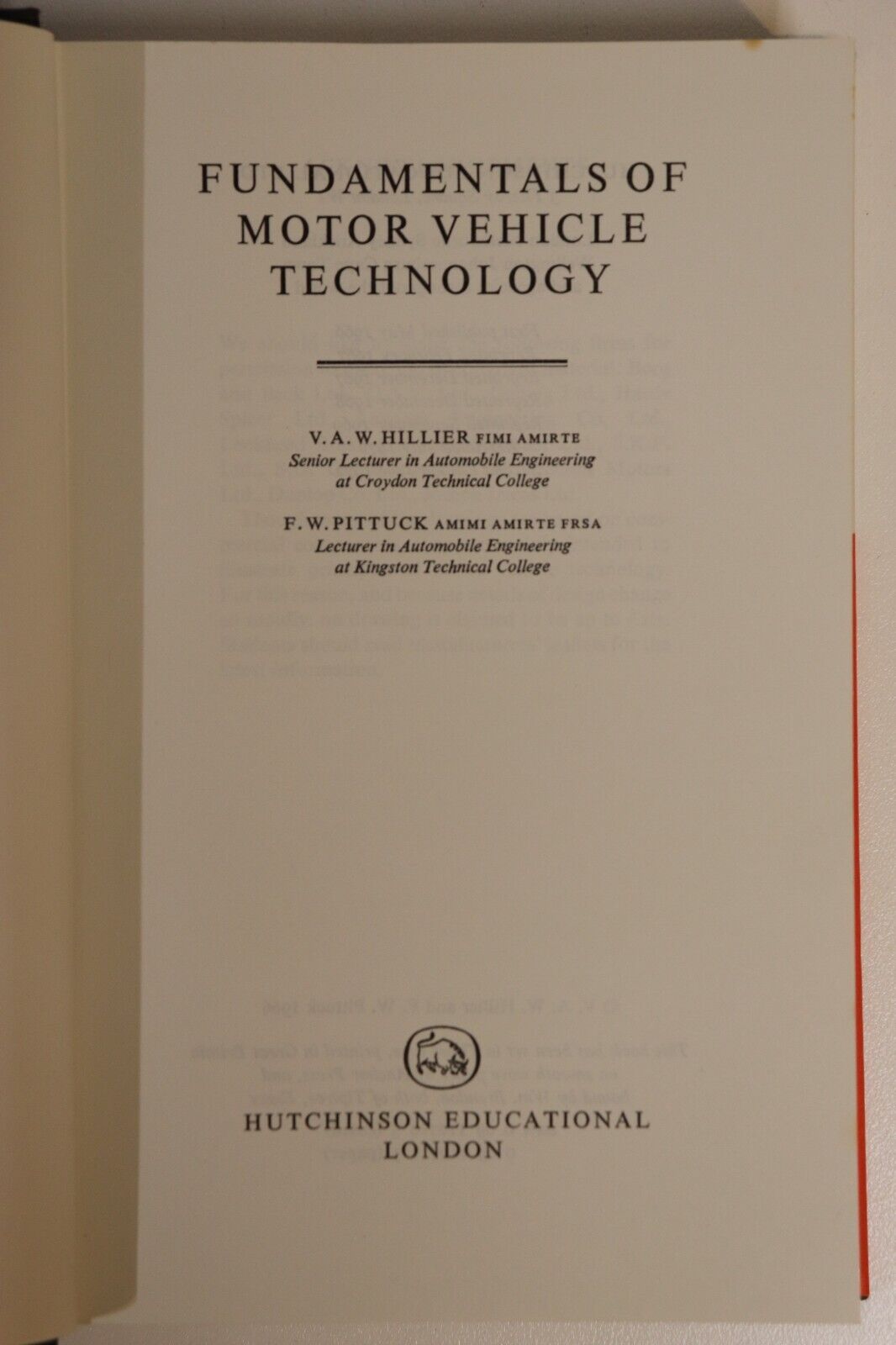 1972 Fundamentals Of Motor Vehicle Technology Vintage Automotive Reference Book - 0