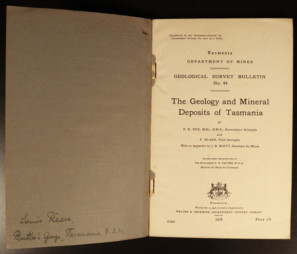 1938 Geology & Mineral Deposits Of Tasmania Australian Mining History Book Maps