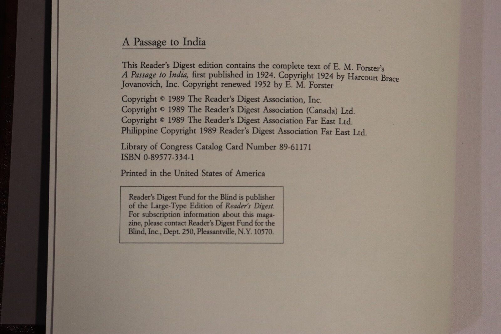 1989 A Passage to India by by E.M. Forster Readers Digest Literature Book