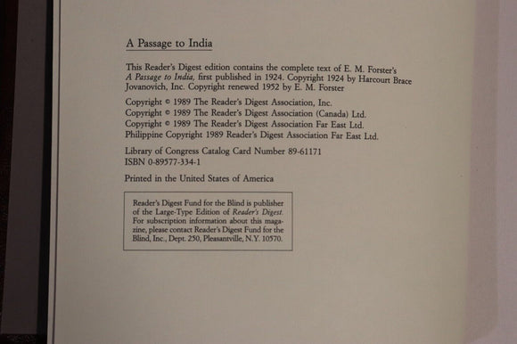 1989 A Passage to India by by E.M. Forster Readers Digest Literature Book