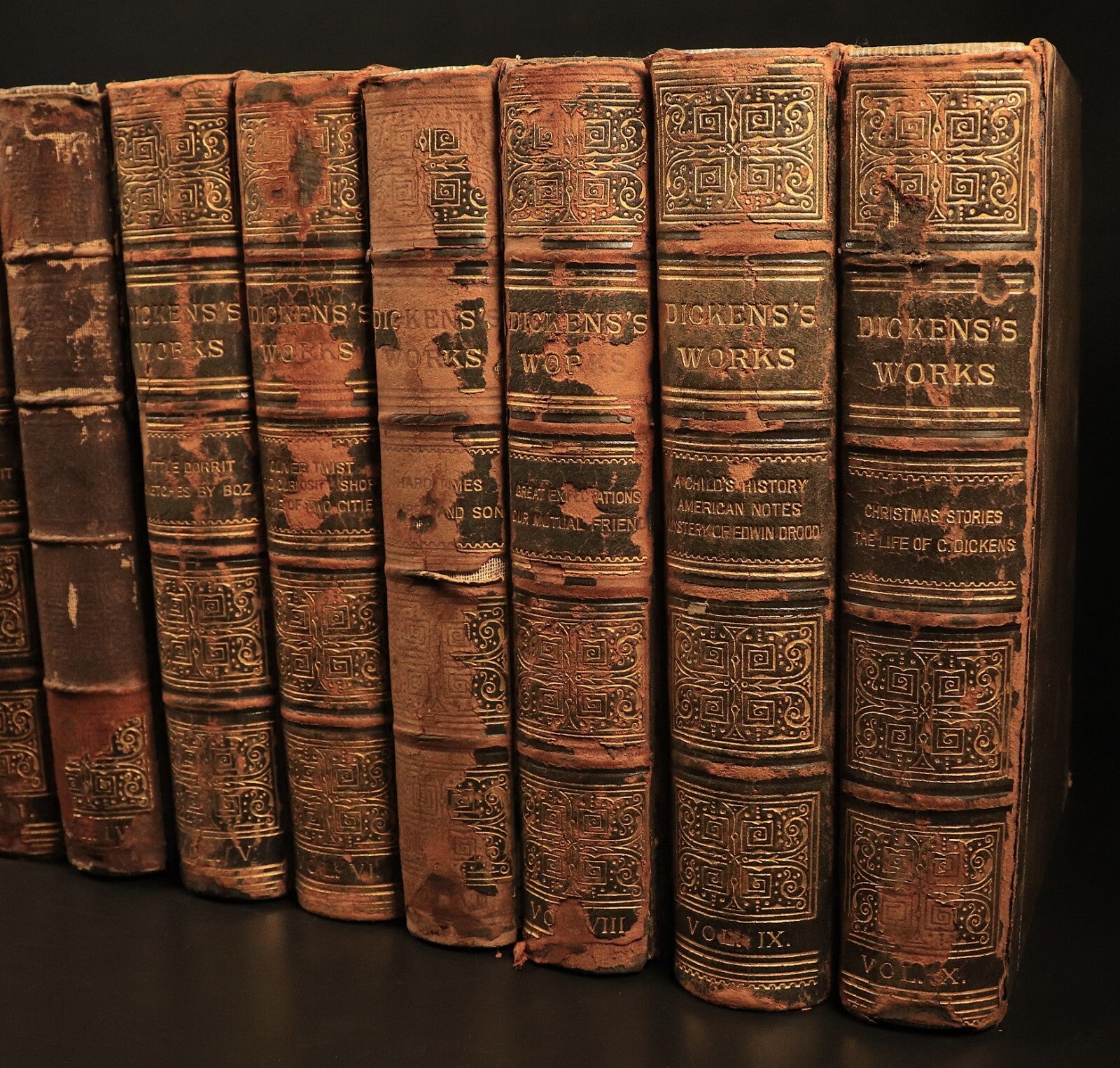 c1880 Charles Dickens Works 22vol Antique Fiction Book Set Bleak House Christmas