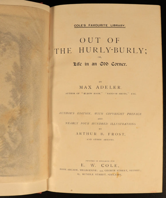 c1900 Out Of The Hurly-Burly by Max Adeler Antique American Fiction Book
