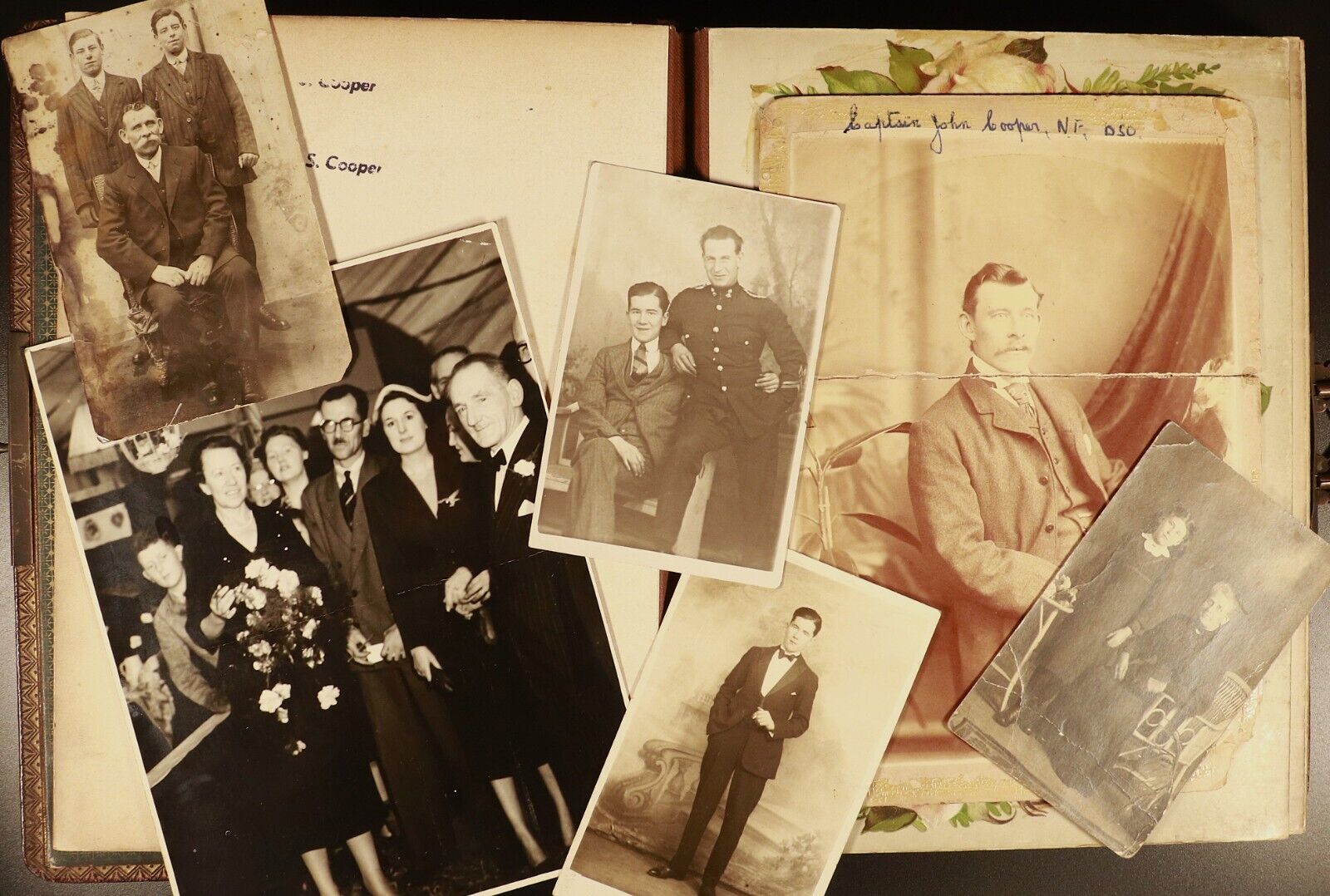 c1920 Antique Leather Photo Album Brass Clasp COOPER Family 54 Original Photos