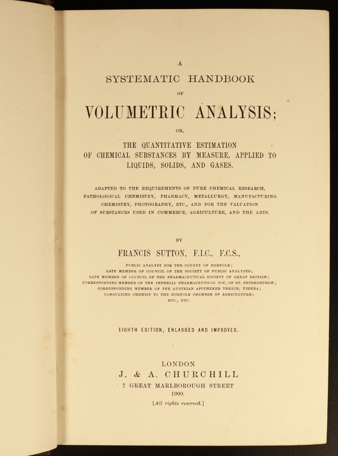 1900 Handbook Of Volumetric Analysis by Francis Sutton Antique Science Book