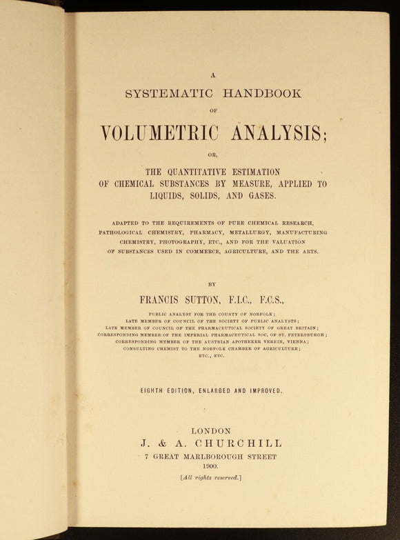 1900 Handbook Of Volumetric Analysis by Francis Sutton Antique Science Book