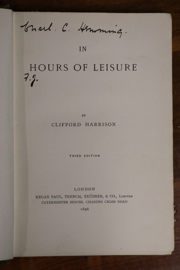 1896 In Hours Of Leisure by Clifford Harrison Antique Poetry Book