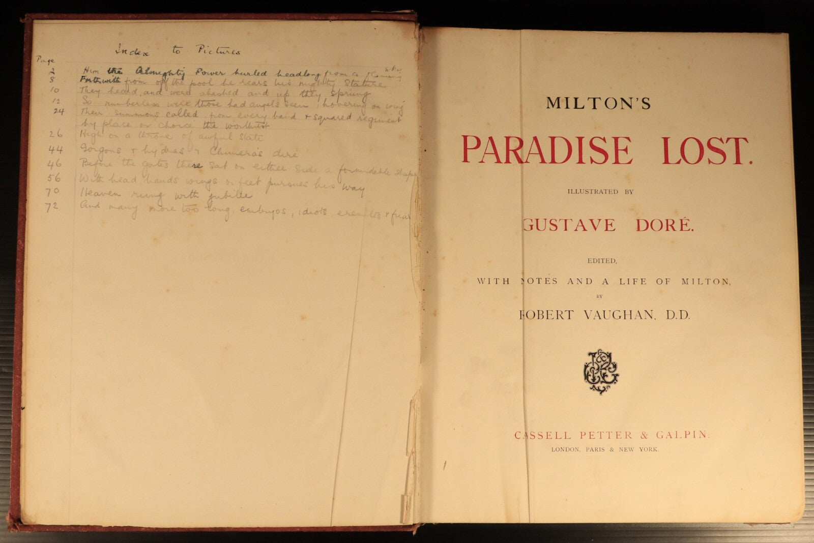 c1880 Milton's Paradise Lost: Gustave Dore Antiquarian Book Engravings In Red