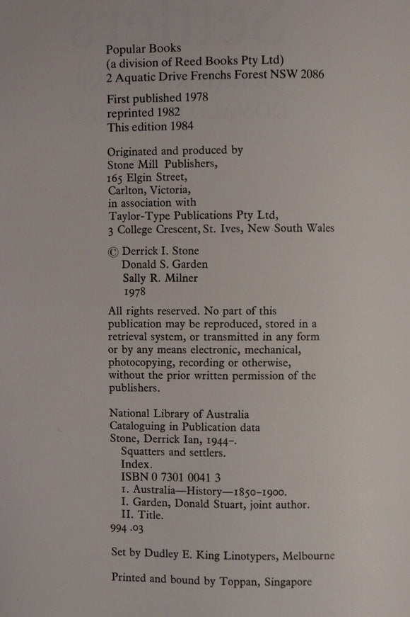 1984 Squatters & Settlers by Derrick Stone Australian Colonial History Book