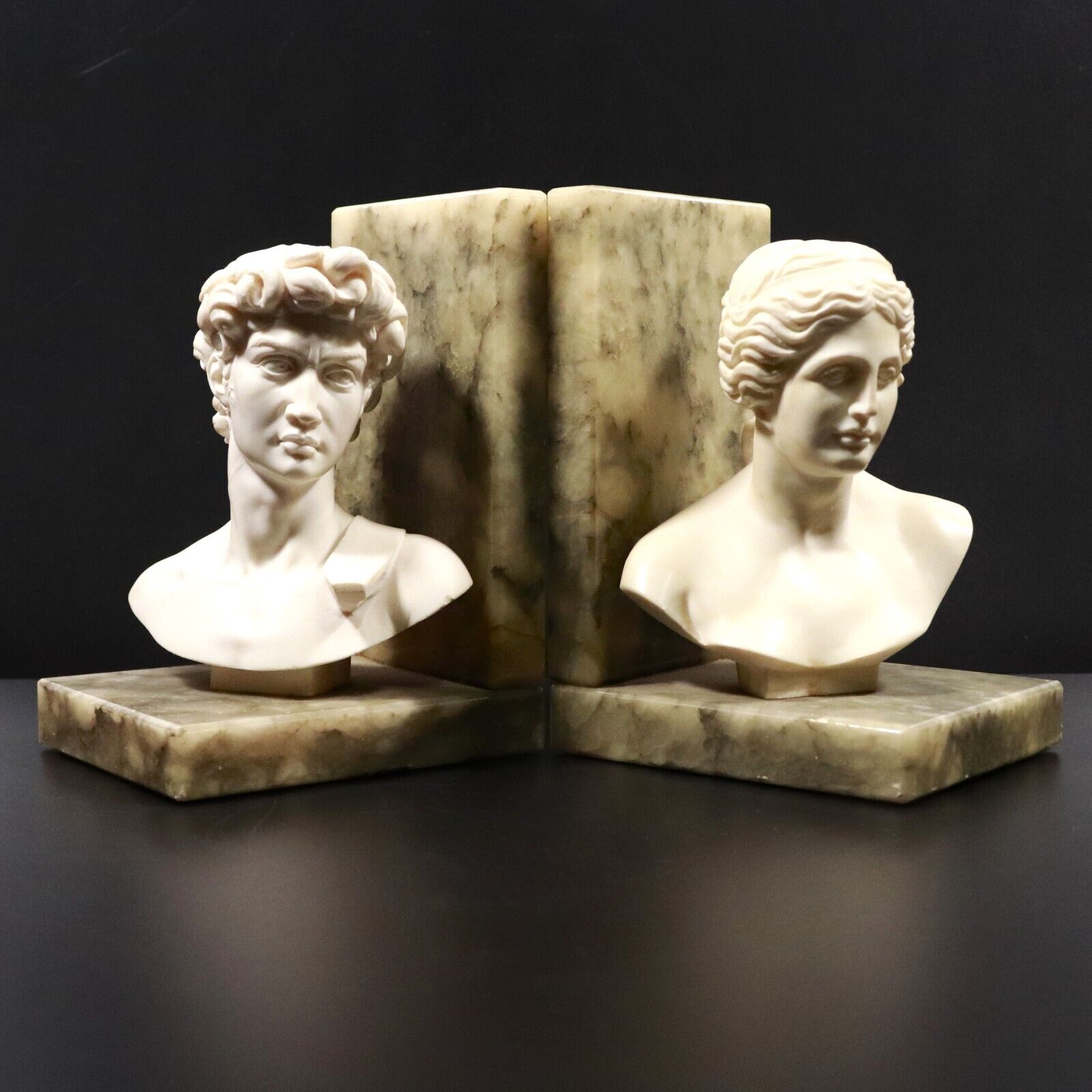 c1960's Genuine Alabaster Italian Made Book Ends With Busts Of David & Aphrodite