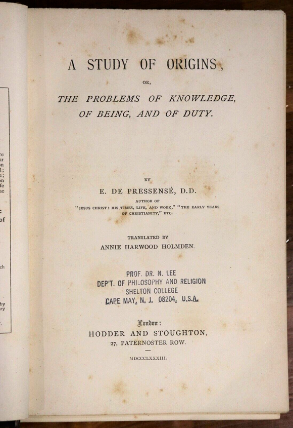 1883 A Study Of Origins by E De Pressense' 1st Edition Antique Theology Book