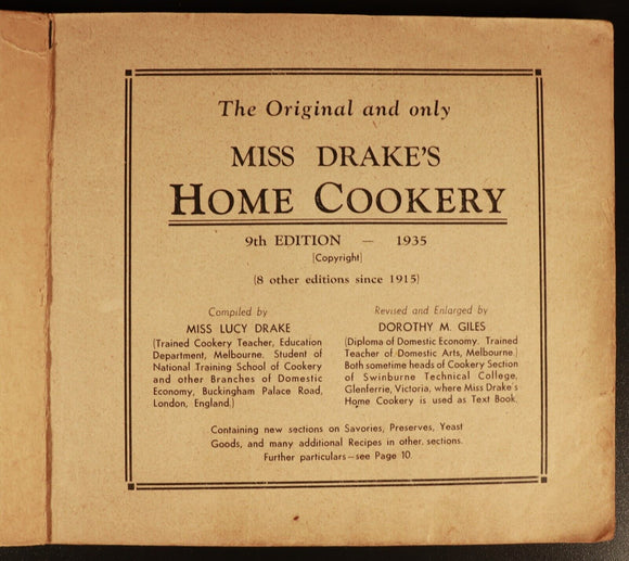 Miss Drake's Home Cookery 1935 Antique Australian Cook Book + Recipes