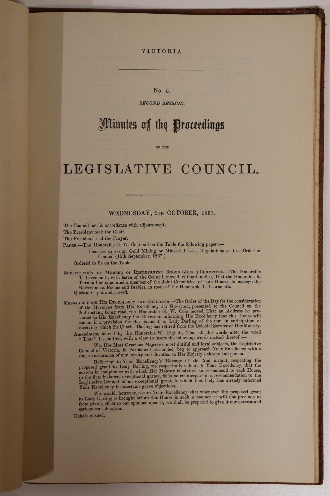 1867 Colony Of Victoria Votes & Proceedings Of Legislative Council Antique Book