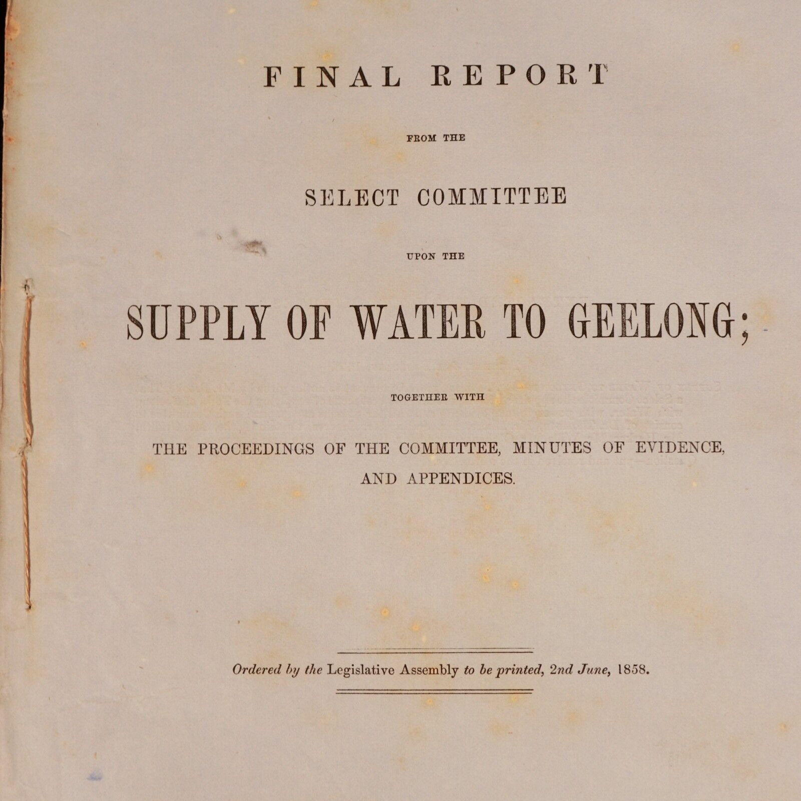 1858 Water Supply To Geelong Colony Of Victoria Government Report History Book - 0