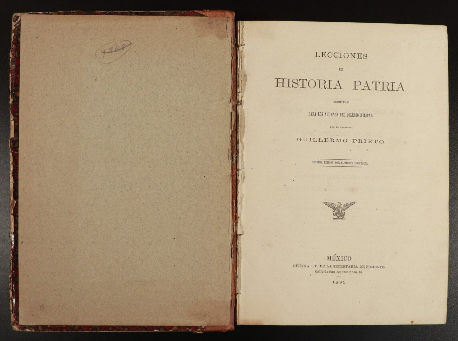 1891 Lecciones de Historia Patria by Guillermo Prieto Antiquarian History Book