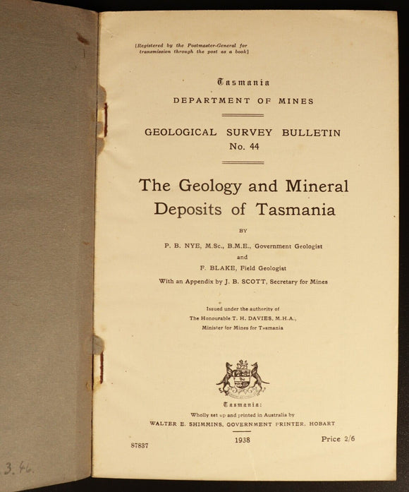 1938 Geology & Mineral Deposits Of Tasmania Australian Mining History Book Maps