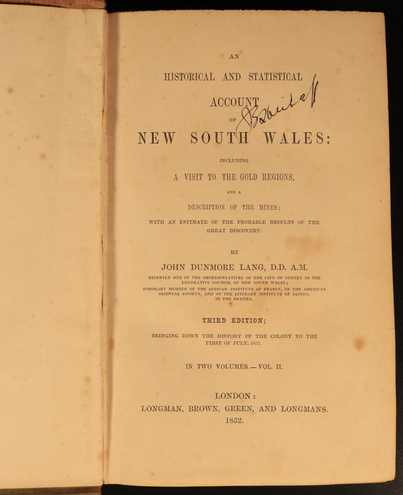 1852 Account Of New South Wales by J.D. Lang Antiquarian Australian History Book