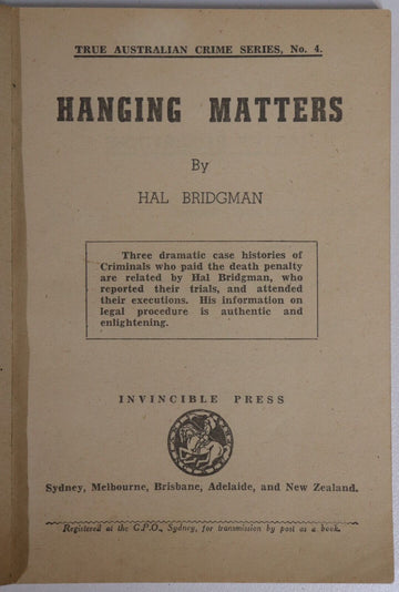 c1948 Hanging Matters by Hal Bridgman Australian Death Penalty True Crime Book - 0