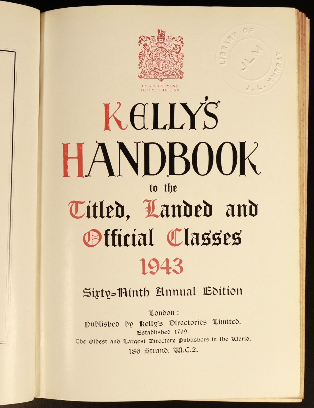 1943 Kellys Handbook Titled Landed Official Classes Antique British History Book