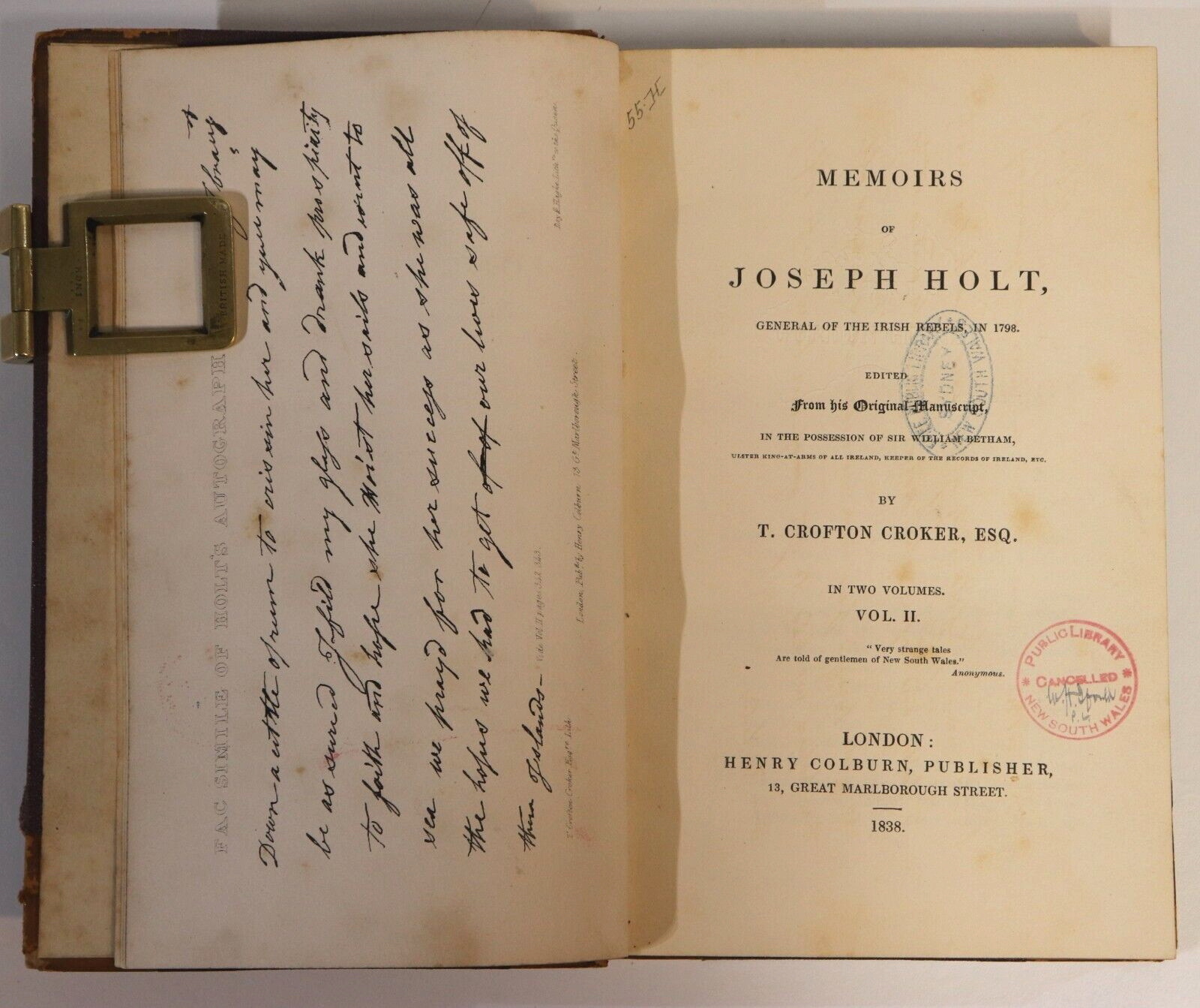 1838 Memoirs Of Joseph Holt: T Croker Antique Irish Australian History Book - 0