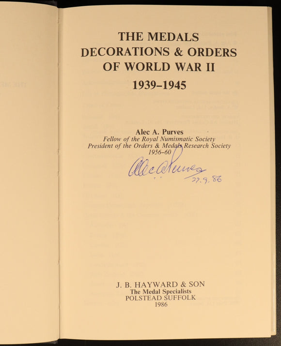 Medals, Decorations & Orders Of WW2 by AA Purves 1986 Military Reference Book