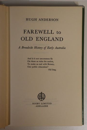1964 Farewell To Old England by H Anderson 1st Ed. Australian History Book - 0