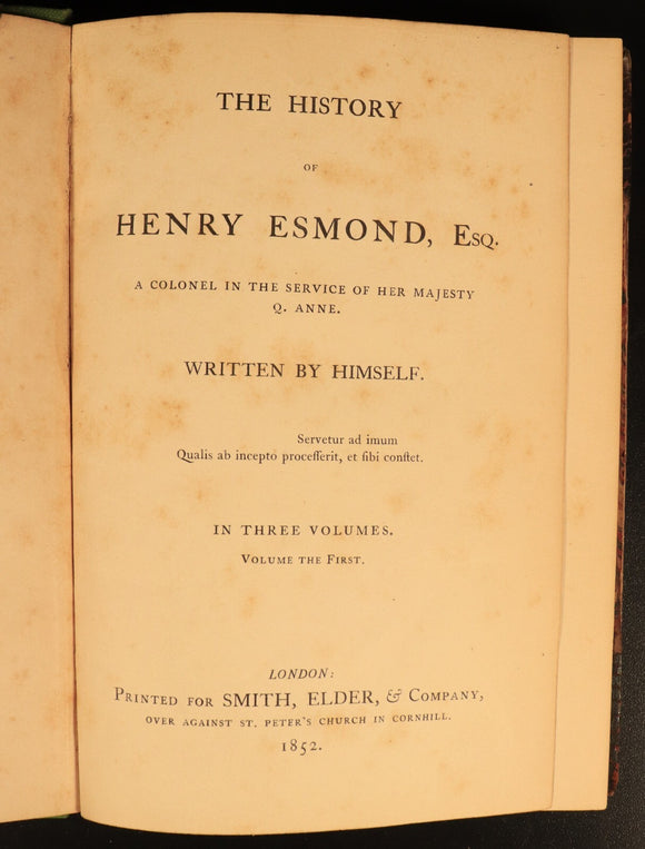 1852 3vol History Of Henry Esmond by Thackeray Antique Fiction Book Set 1st Ed.