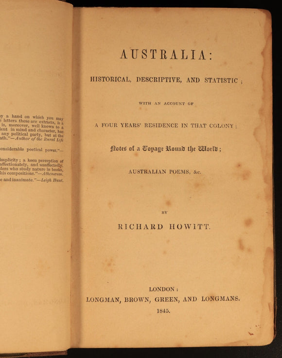 1845 Australia: Historical etc. by R. Howitt Antiquarian Australian History Book