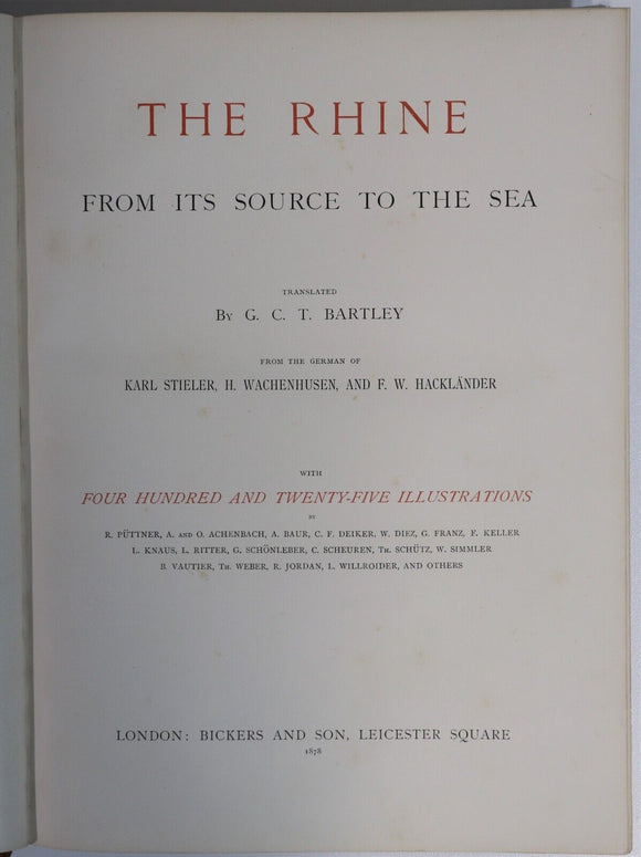 1878 The Rhine: From Source To The Sea by G Bartley Antique Picturesque Book