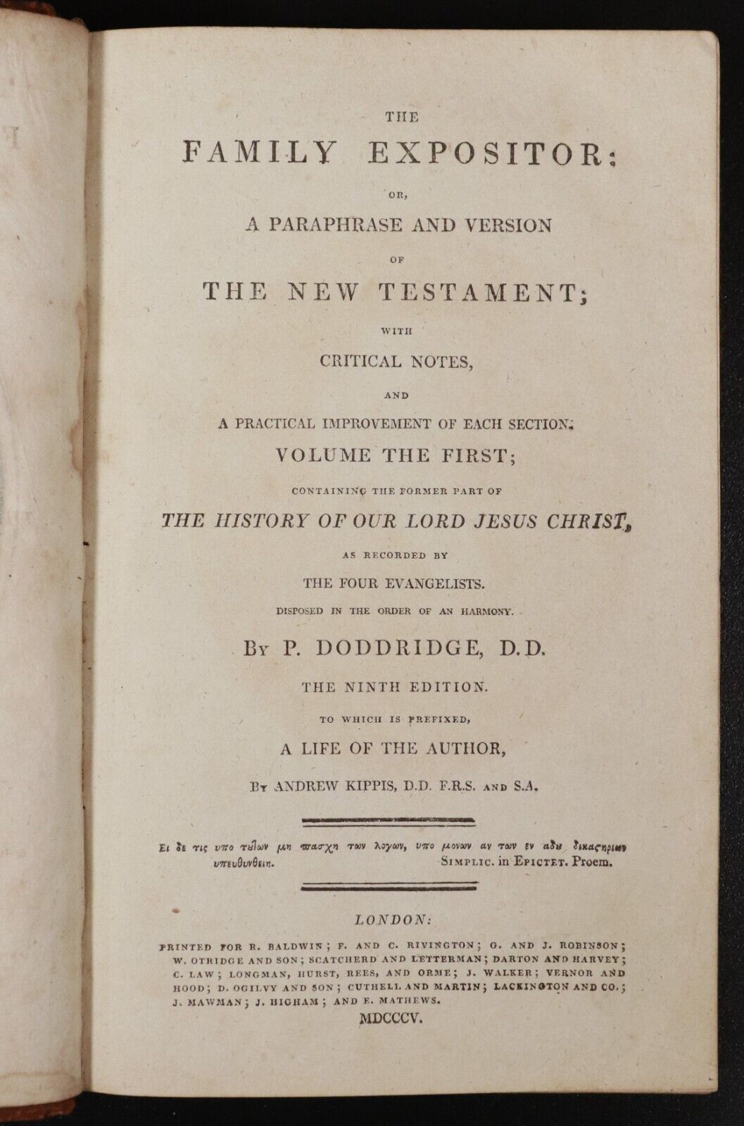 1805 The Family Expositor by P. Doddridge Antiquarian Theology Book Vol 1.