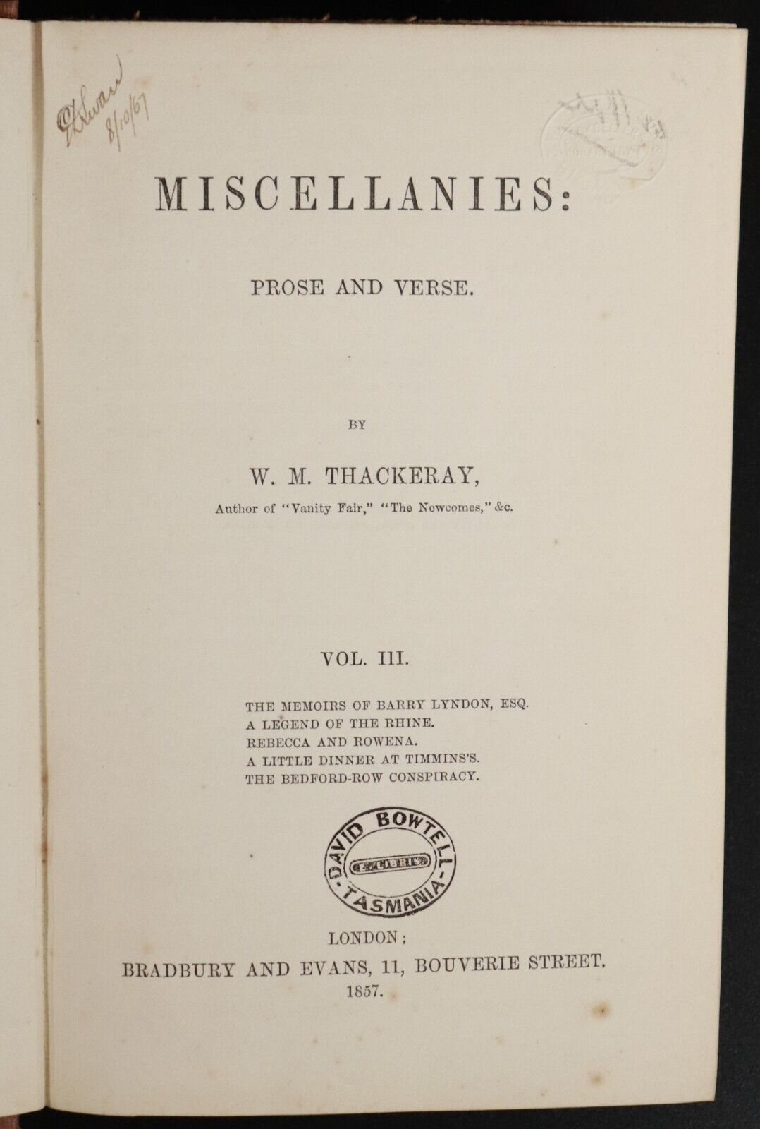 1856 4vol Miscellanies Prose & Verse W.M. Thackeray Antique Literature Books