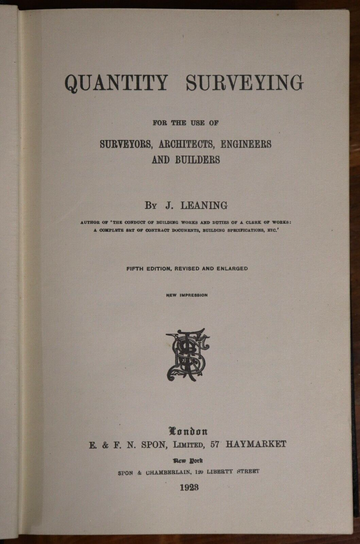 1923 Quantity Surveying by J. Leaning Antique British Architecture Book - 0