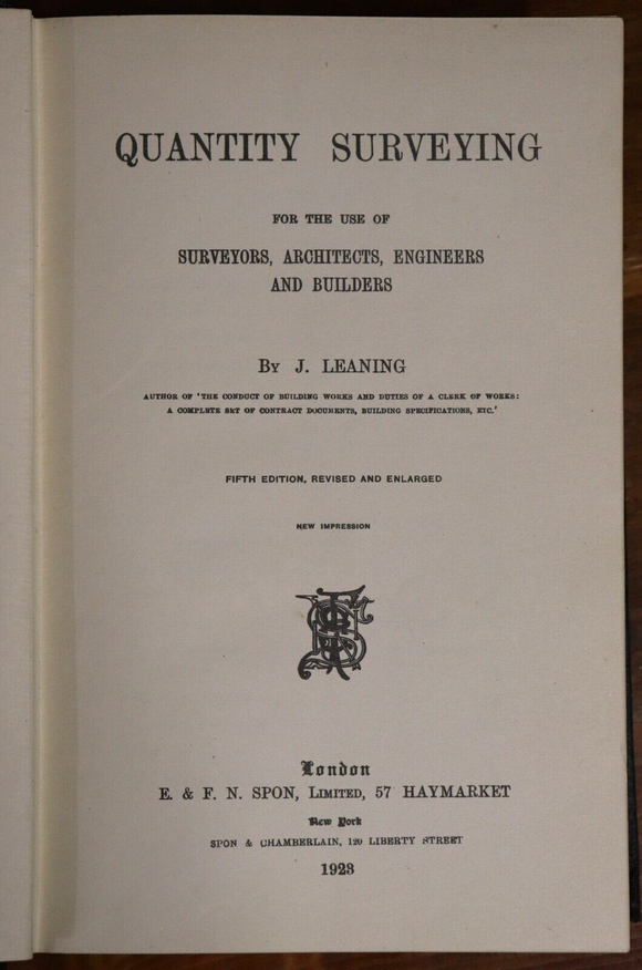 1923 Quantity Surveying by J. Leaning Antique British Architecture Book