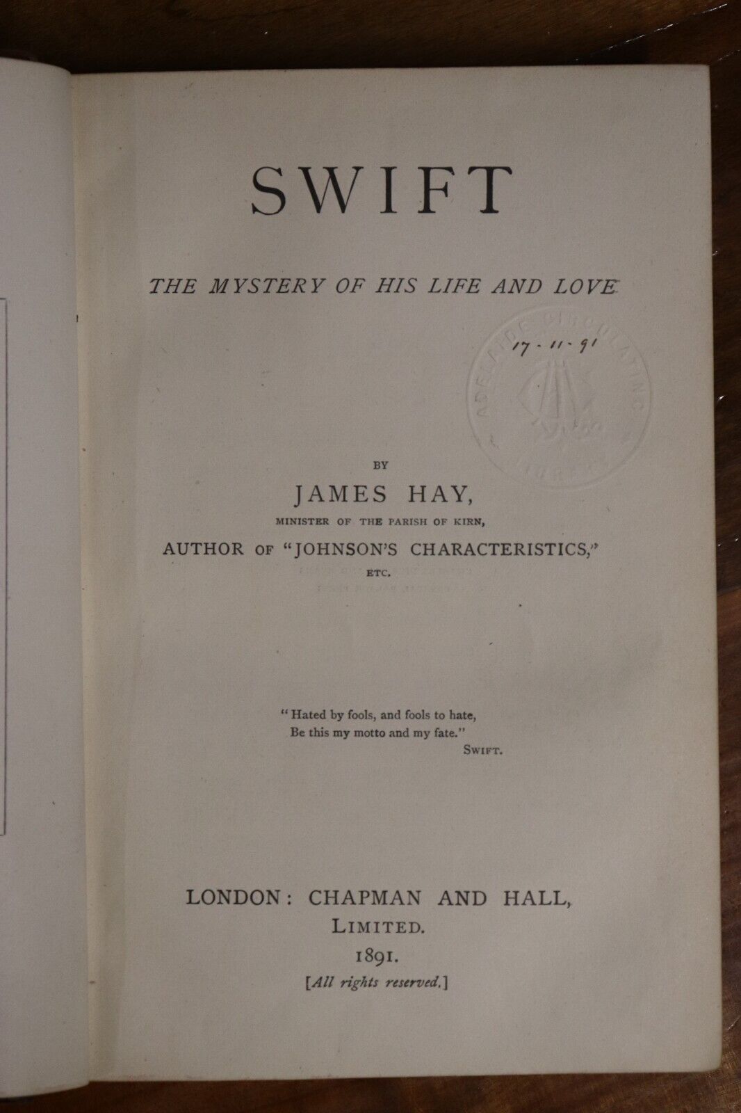 1891 Swift: The Mystery Of His Life & Love Irish Political Biography Book J. Hay