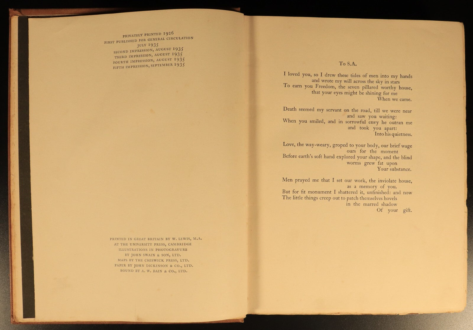 1935 The Seven Pillars Of Wisdom by T.E. Lawrence Antique Military History Book