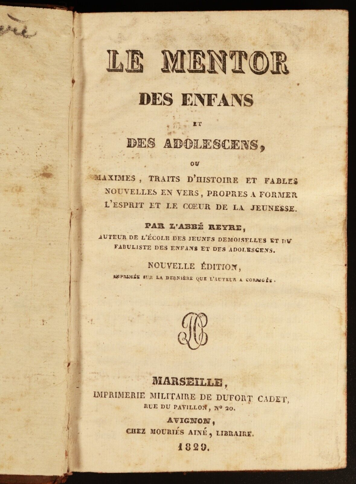 1829 Le Mentor des Enfans et des Adolescens Antiquarian French Reference Book