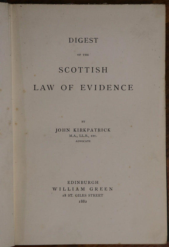 1882 Digest Of The Scottish Law Of Evidence Antique Scottish History Book 1st Ed