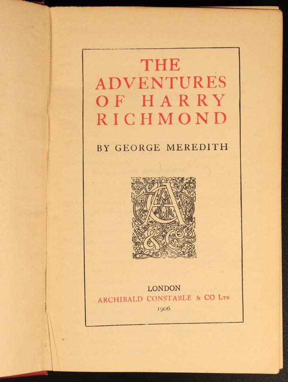 1906 The Adventures Of Harry Richmond by George Meredith Antique Fiction Book