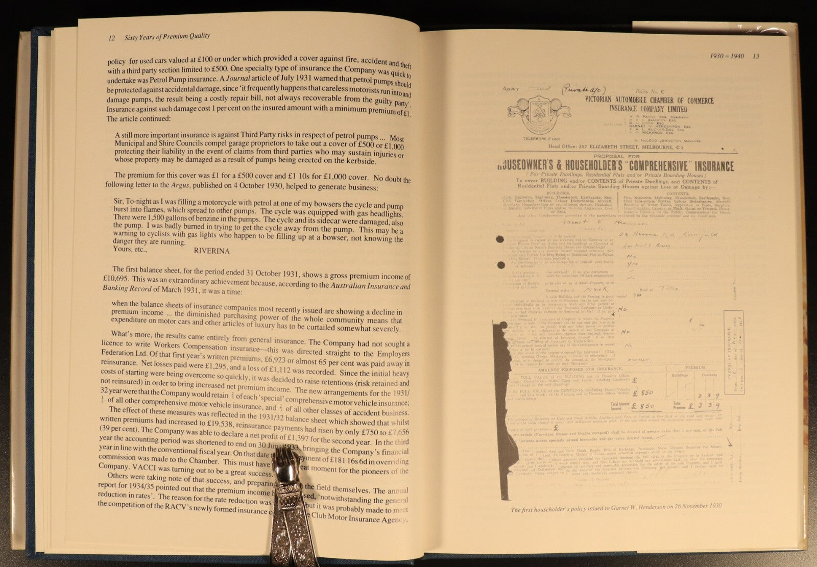 1989 Sixty Years Of Premium Quality VACC Insurance Australian History Book