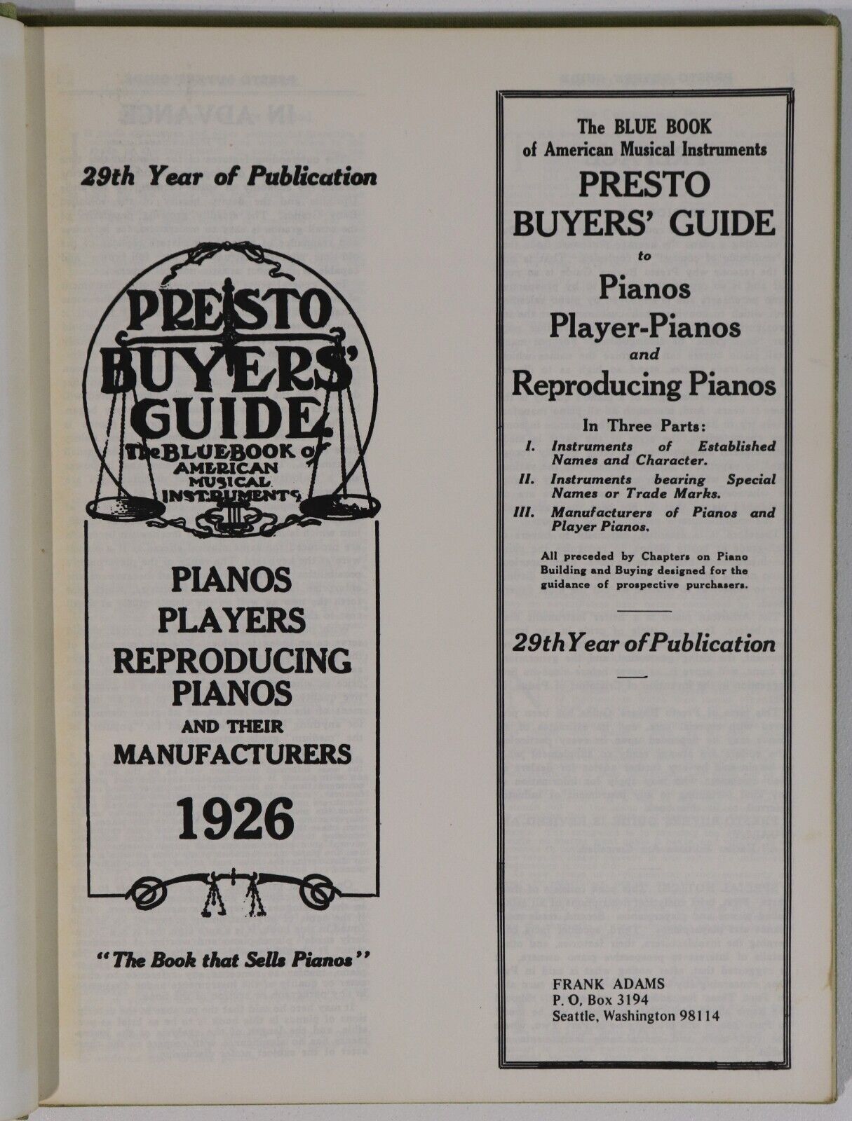 1926 Presto Buyers Guide - Reproducing Piano Antique Music Reference Book - 0