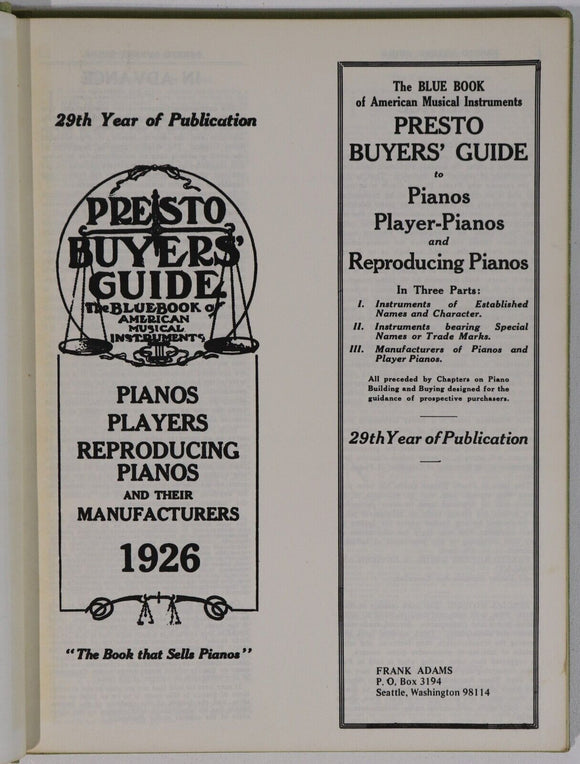 1926 Presto Buyers Guide - Reproducing Piano Antique Music Reference Book